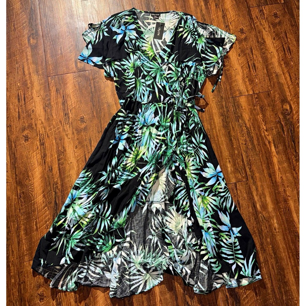City Chic Tropical Floral Wrap Midi Dress L Chiffon V-Neck Flutter Sleeve 18 NEW
